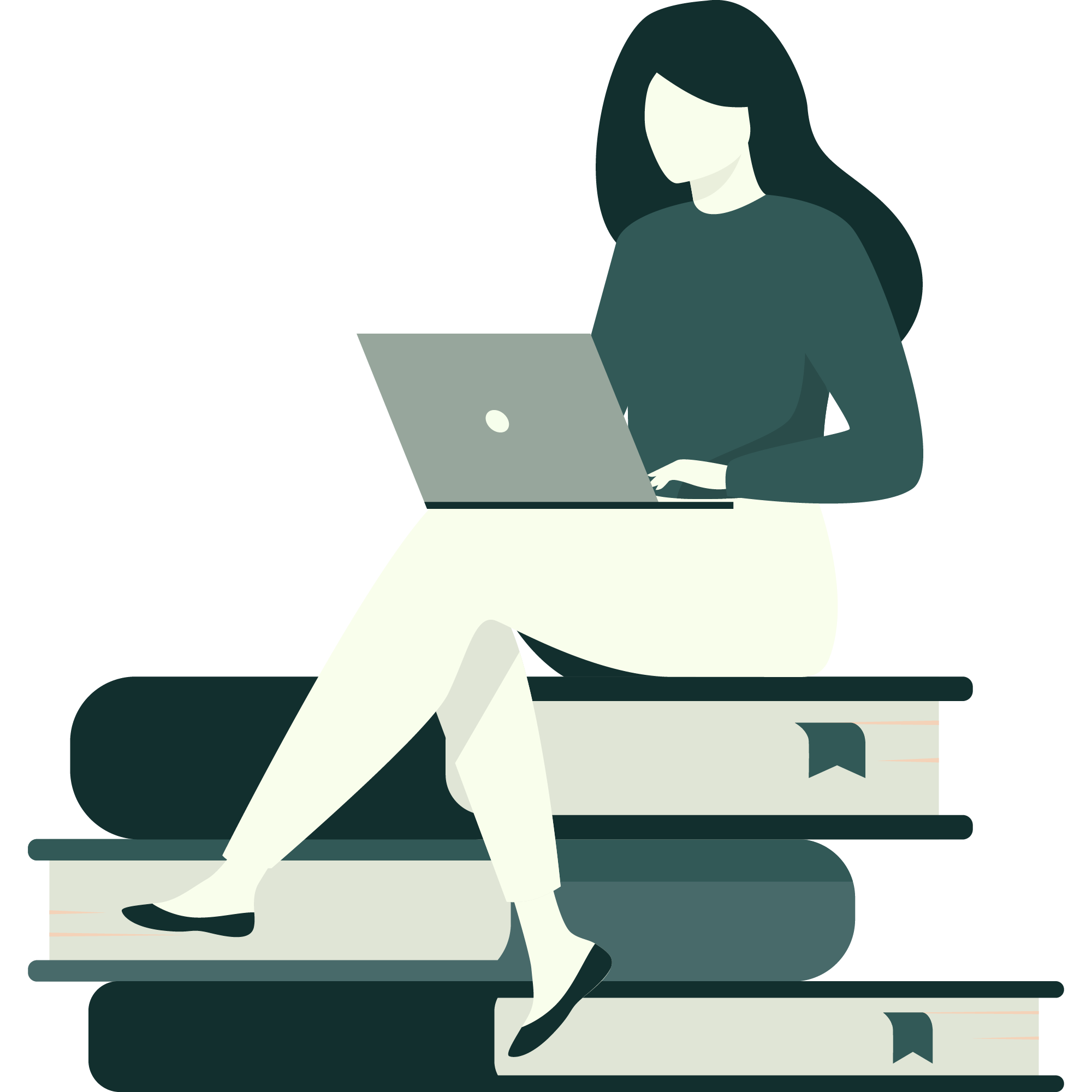 Frau mit Laptop im Schoß sitzt auf einem Stapel Bücher