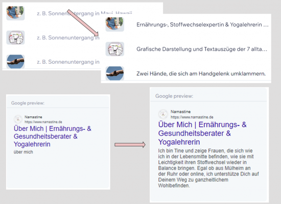 Screenshots von den Alt-Tags sowie der Metabeschreibung einer Seite. Zu sehen sind die vorher - nachher Vergleiche.